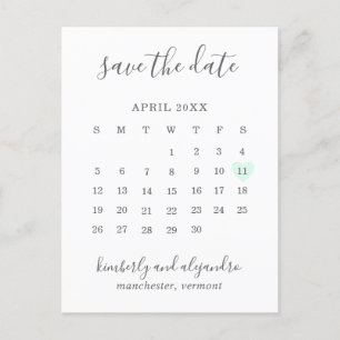 Carte Postale Faire-part Calendrier Cœur Vert Pastel Moderne Enregistrez la