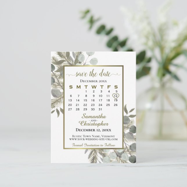 Carte Postale Faire-part Calendrier de mariage à conserver Eucalyptus et Pi (Debout devant)
