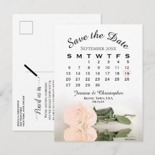 Carte Postale Faire-part Calendrier de mariage à la rose pêche élégante, En