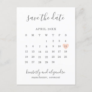 Carte Postale Faire-part Calendrier de mariage simple cœur pêche Enregistre