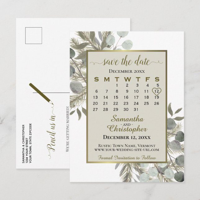 Carte Postale Faire-part Calendrier de mise en vente Eucalyptus & Pin Taupe (Devant / Derrière)