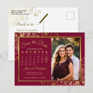 Carte Postale Faire-part Calendrier de Photo de Mariage Bourgogne & Or Enre