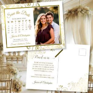 Carte Postale Faire-part Calendrier de photo de mariage or et blanc "Save t