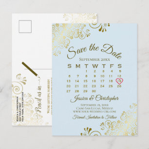 Carte Postale Faire-part Calendrier de sauvegarde de mariage bleu pâle et o