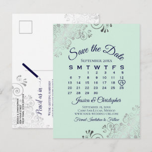 Carte Postale Faire-part Calendrier de sauvegarde de mariage vert menthe et