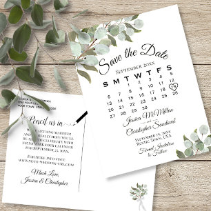 Carte Postale Faire-part Calendrier Eucalyptus Mariage blanc Enregistrer la