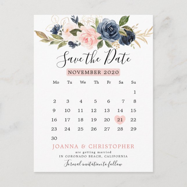 Carte Postale Faire-part Calendrier floral bleu marine Enregistrer la date (Devant)