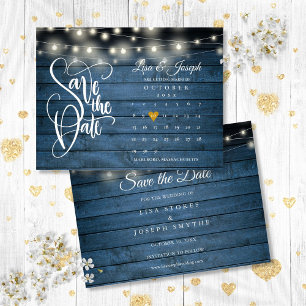 Carte Postale Faire-part Calendrier Gold Heart Blue Rustic Enregistrer la d