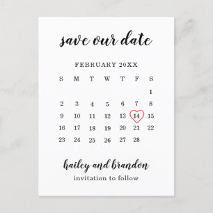 Carte Postale Faire-part Calendrier moderne Mariage au coeur rouge Enregist