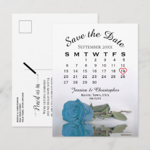 Carte Postale Faire-part Calendrier Rose bleu turquoise Enregistrer la date