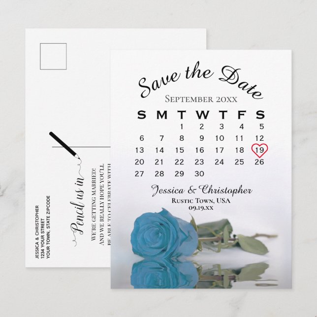 Carte Postale Faire-part Calendrier Rose bleu turquoise Enregistrer la date (Devant / Derrière)