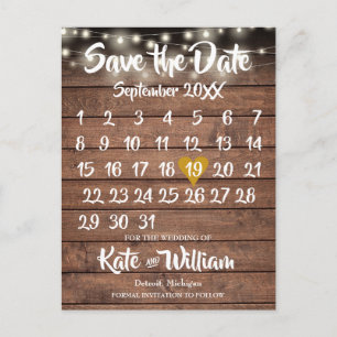 Carte Postale Faire-part Calendrier Rustic Wood Gold Heart Enregistrer la d
