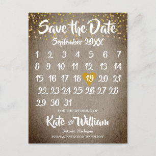 Carte Postale Faire-part Calendrier Rustique Bohème Doré Coeur d'Amour Enre