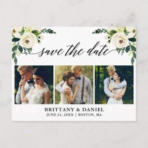 Carte Postale Faire-part Calligraphie Fleur Verte Enregistrer La Date 3 Pho