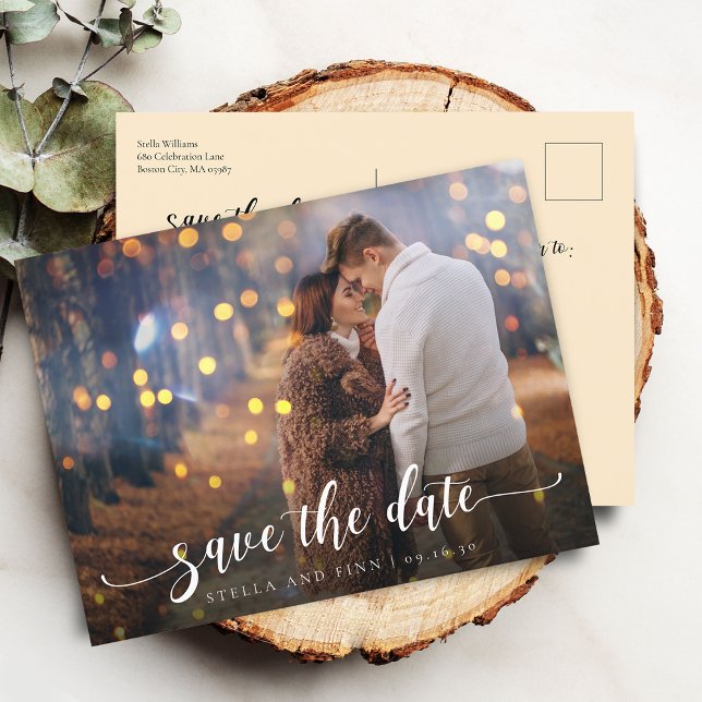 Carte Postale Faire-part Calligraphie moderne Mariage Enregistrer La Date P (Modern Calligraphy Wedding Save The Date Photo Announcement Postcard)