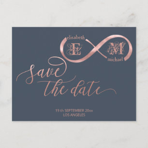 Carte Postale Faire-part Calligraphie monogramme romantique or rose infini