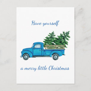 Carte Postale Faire-part Camion bleu vintage et chèques Arbres de Noël