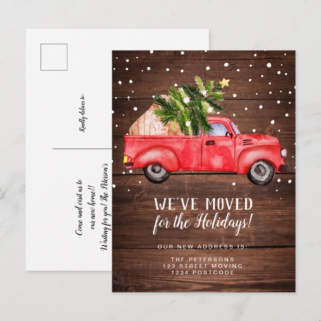 Carte Postale Faire-part Camion rouge rétro vintage arbre de Noël bois démé (Devant / Derrière)