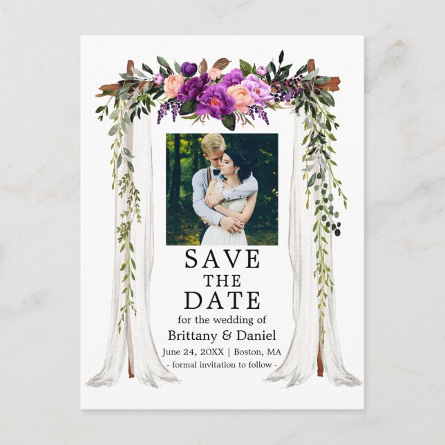 Carte Postale Faire-part Canopée de mariage aquarelle photo florale violett (Devant)