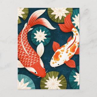 Carte Postale Faire-part Carpes Koi Japonaises Jardin Zen Fleurs de Lotus