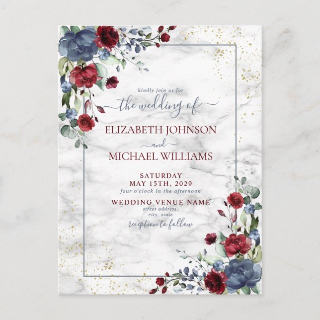 Carte Postale Faire-part Carton d'invitation de mariage floral bleu poussié (Devant)