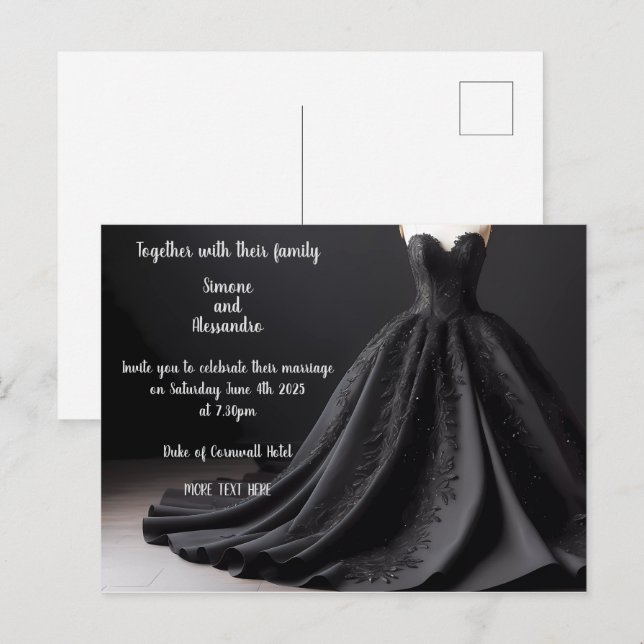 Carte Postale Faire-part Carton d'invitation de robe de mariée noire (Devant / Derrière)