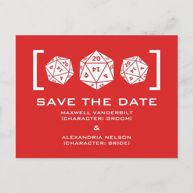 Carte Postale Faire-part Carton d'invitation pour le mariage avec dé D20 ro (Devant)