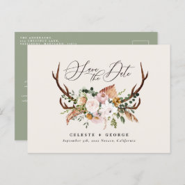 Carte Postale Faire-part Cerf botanique rustique mariage élégant vert sauge