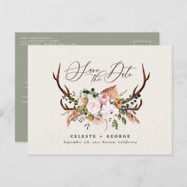 Carte Postale Faire-part Cerf botanique rustique mariage élégant vert sauge (Devant / Derrière)