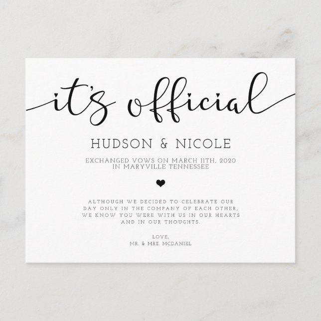 Carte Postale Faire-part C'est le Mariage officiel du Elopement (Devant)