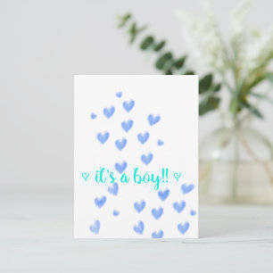 Carte Postale Faire-part C'EST UN GARÇON - Cœurs aquarelle bleus et sarcell