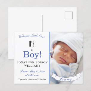 Carte Postale Faire-part C'est un garçon ! Photo Bébé bleu moderne naissanc