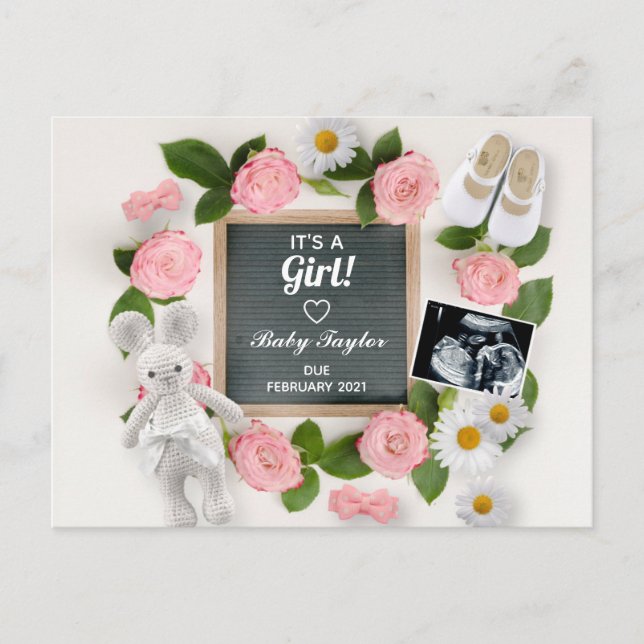 Carte Postale Faire-part C'est un tableau de lettres de grossesse rose fill (Devant)