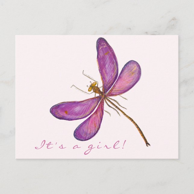 Carte Postale Faire-part C'est une fille ! Dragonfly violette sucrée (Devant)