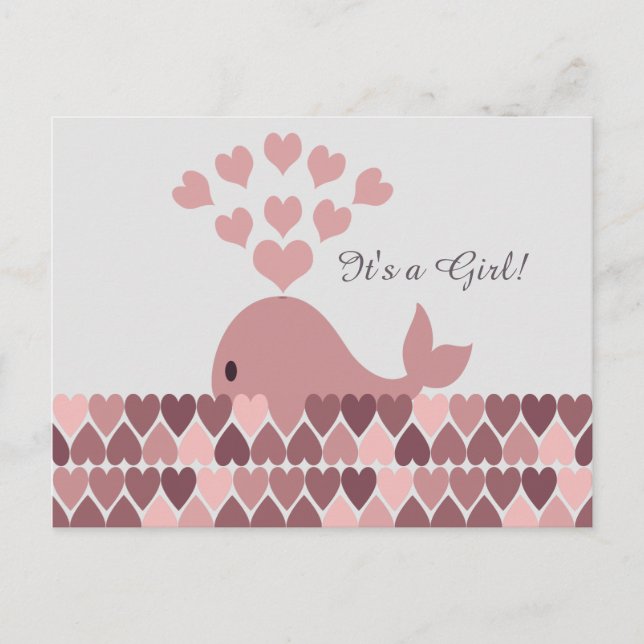 Carte Postale Faire-part C'est une fille ! Jolie baleine rose (Devant)
