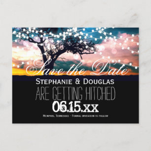 Carte Postale Faire-part Chaîne Lights Tree Sunset Enregistrer la date Cart