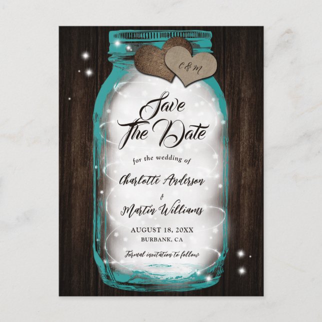 Carte Postale Faire-part Chaîne Mason turquoise Lumières Mariage en bois ru (Devant)