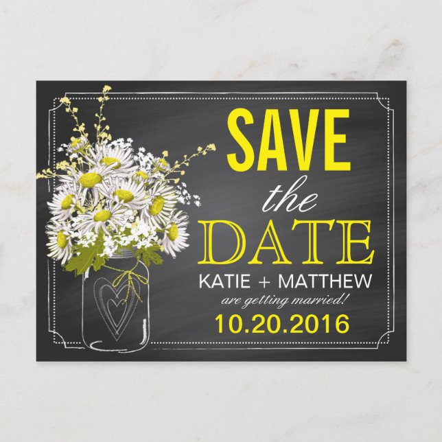 Carte Postale Faire-part Chalkboard Daisy Modern Rustic Enregistrer la date (Devant)