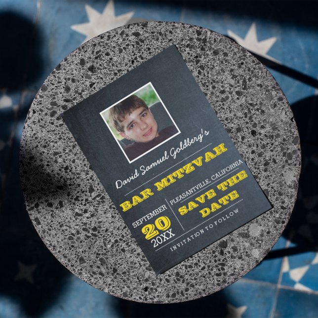 Carte Postale Faire-part Chalkboard Gold Bar Mitzvah Photo Enregistrer la d (Créateur téléchargé)