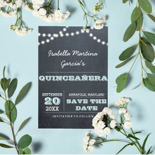 Carte Postale Faire-part Chalkboard Lights Aqua Quinceañera Enregistrer la