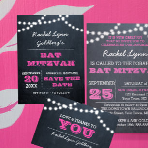 Carte Postale Faire-part Chalkboard Lights Dark Rose Bat mitzvah Date de sa