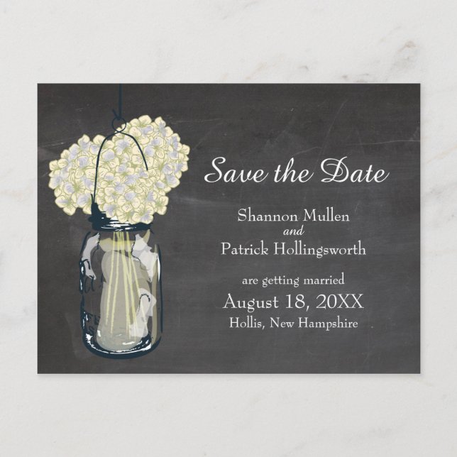 Carte Postale Faire-part Chalkboard Mason Jar et Hydrangeas Enregistrer la  (Devant)