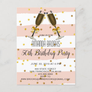Carte Postale Faire-part Champagne Glasse Gold Confetti 50e fête d'annivers