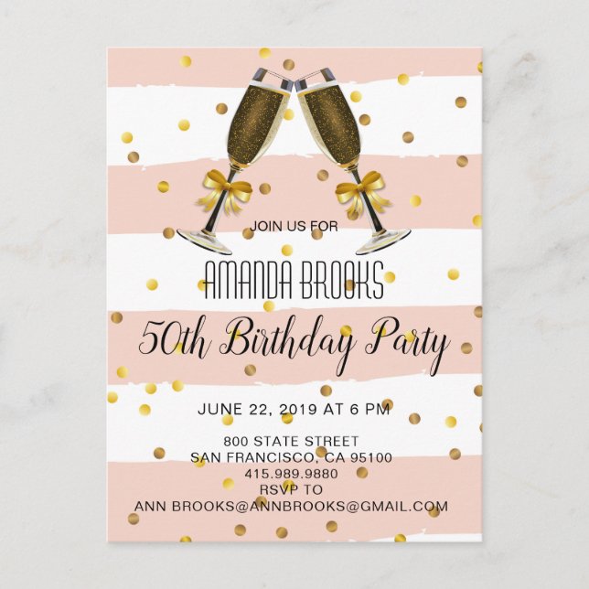 Carte Postale Faire-part Champagne Glasse Gold Confetti 50e fête d'annivers (Devant)