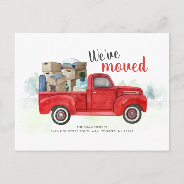 Carte Postale Faire-part Changement d'adresse Aquarelle Rouge Camion Déména (Devant)