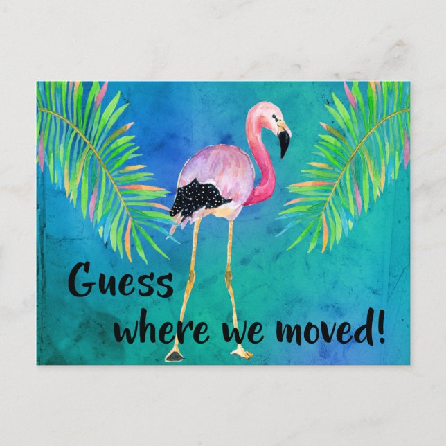 Carte Postale Faire-part Changement d'adresse de flamant rose et de feuille (Devant)