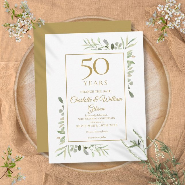 Carte Postale Faire-part Changement de date 50e anniversaire doré avec verd (Golden 50th Anniversary Change the Date Greenery Announcement Postcard)