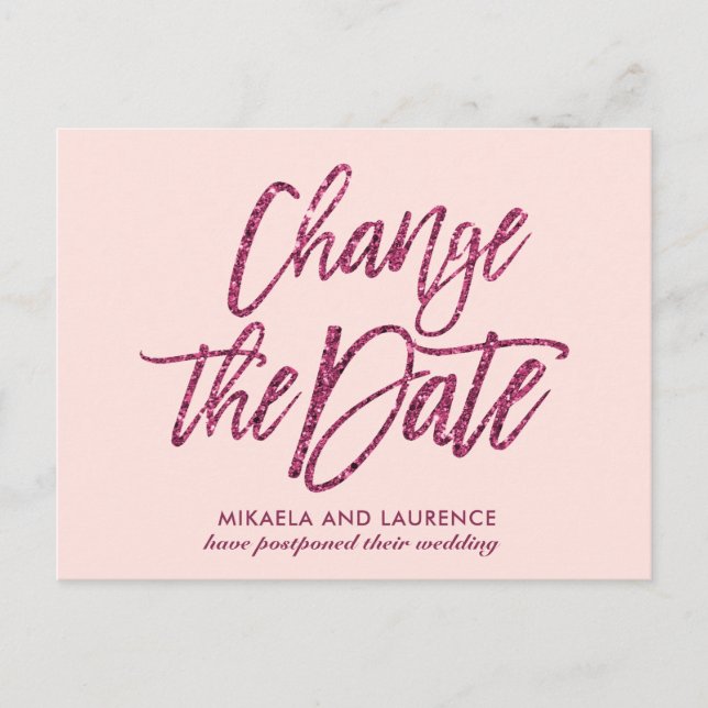 Carte Postale Faire-part Changement de date d'écriture pailletée rose blush (Devant)