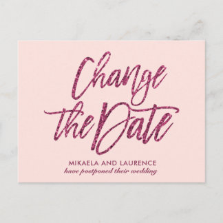 Carte Postale Faire-part Changement de date d'écriture scintillante rose pâ