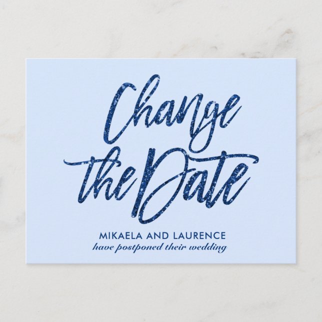 Carte Postale Faire-part Changement de date en paillettes bleu marine glamo (Devant)